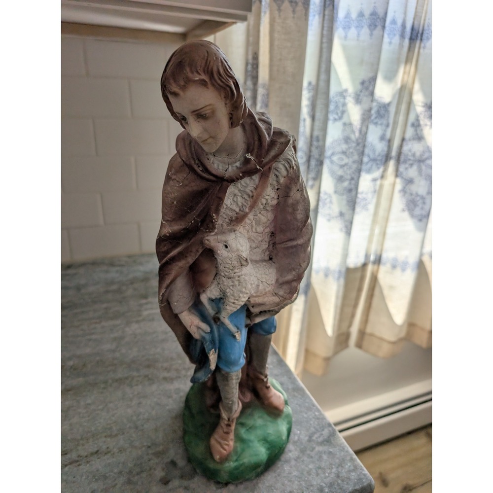 Vintage Good Shepherd Jesus Carrying Lamb Solid Plaster Statue 15" Religious